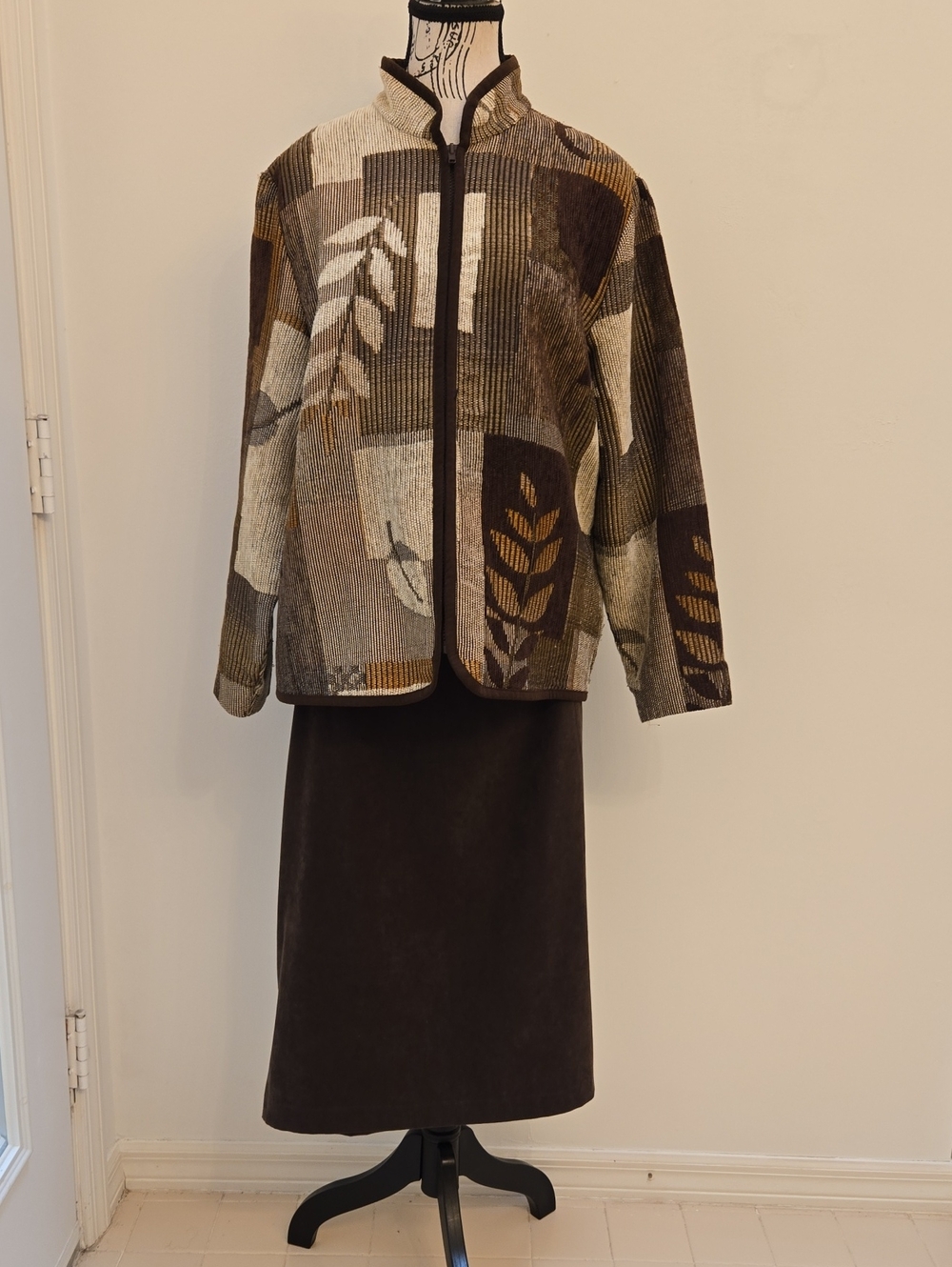 Women's Patchwork Print Zip-Front Jacket - Brown/Beige Size L